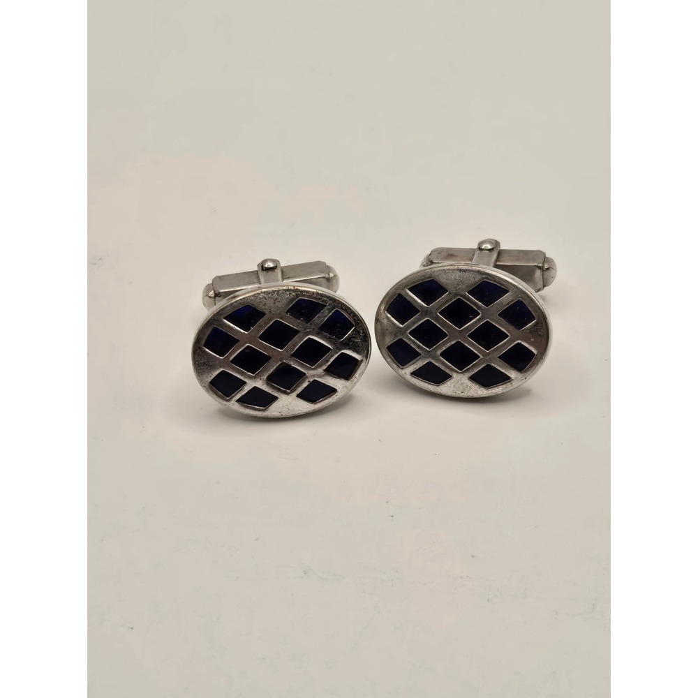 Vintage Anson Blue Enamel Lattice Oval Cufflinks Silver Tone Mid Century Modern
